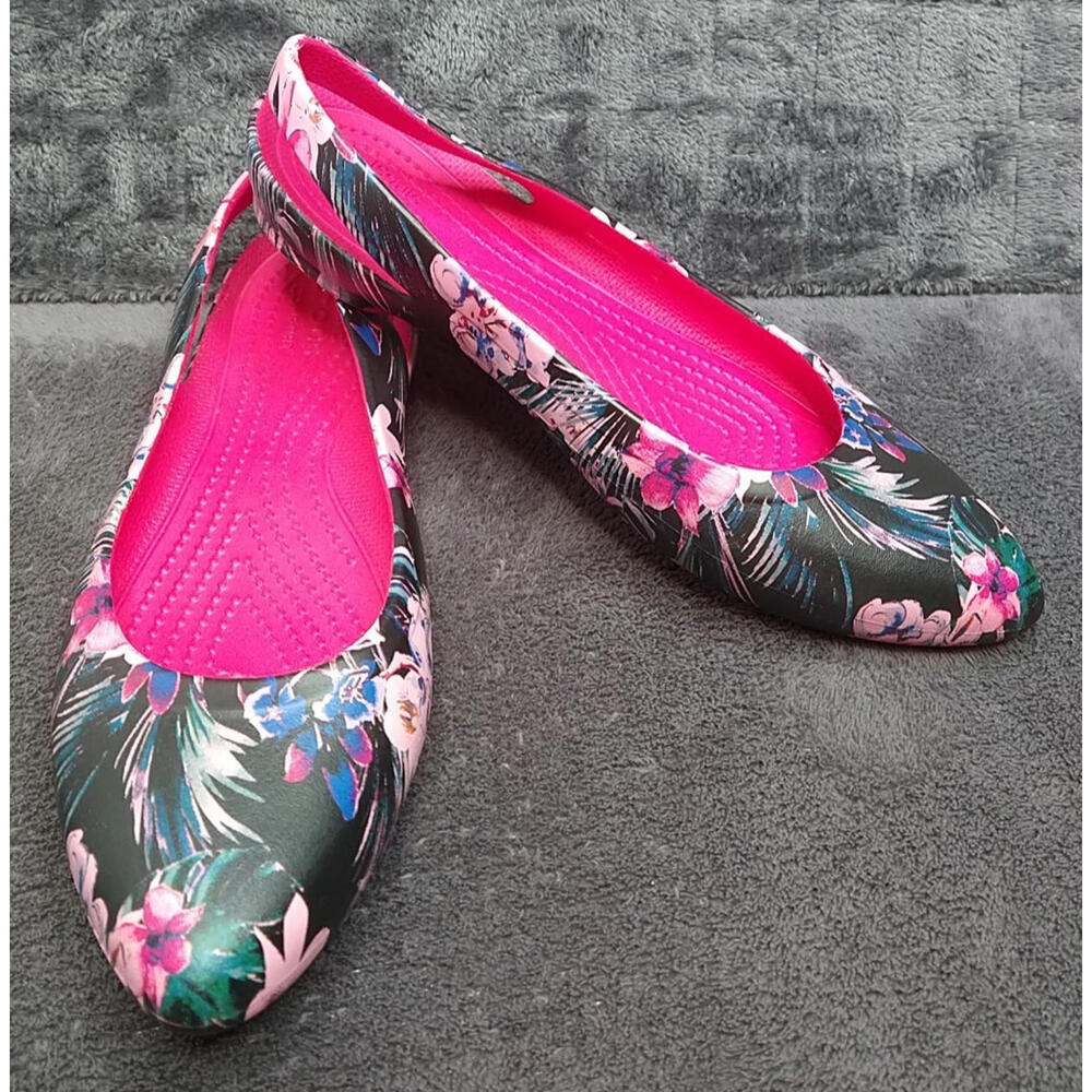 Crocs Women's 5 Black Pink Tropical Floral Pointed Toe Slingback Flats